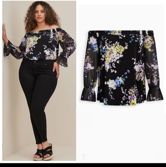 TORRID Studio Knit Off-Shoulder Smocked With Chiffon Sleeves Swing Top 3X - Picture 2 of 4